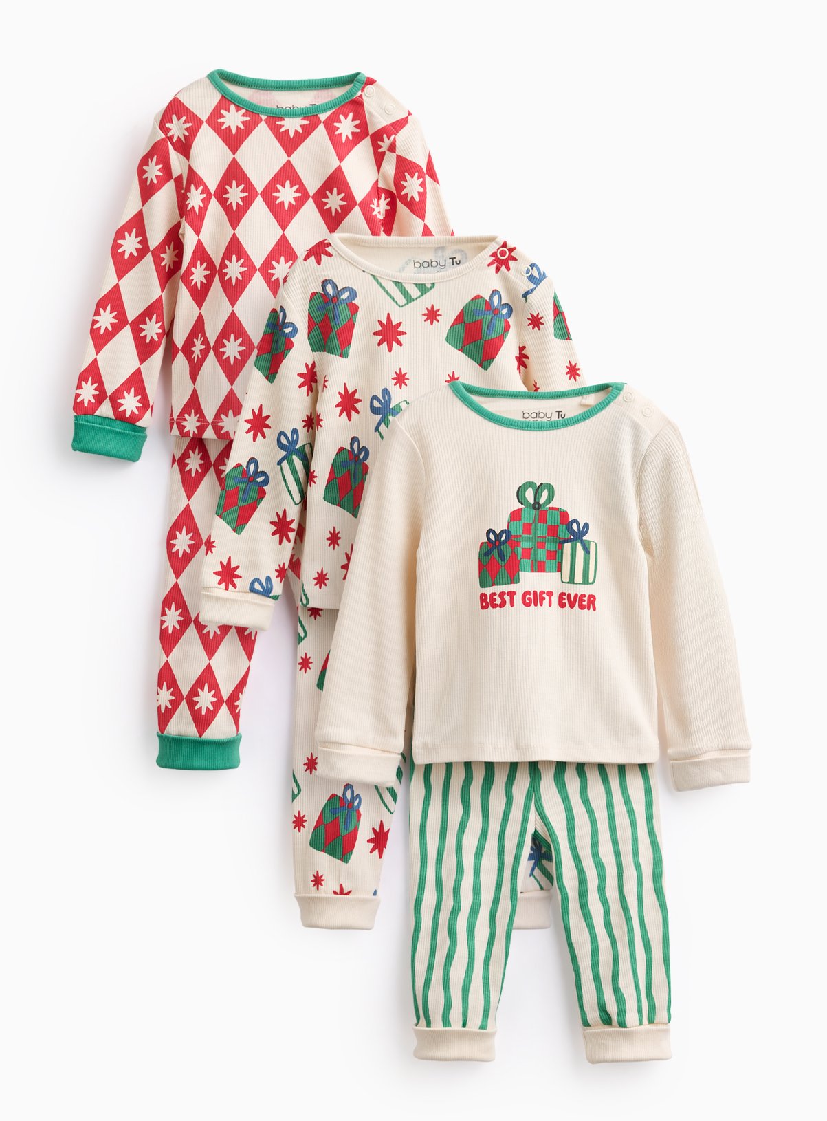 Christmas Grow With Me Ribbed Pyjamas 3 Pack Up to 1 mth - Image 1 thumbnail